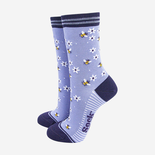 Women's Bamboo Socks - Sky Blue/Navy Blue, Bee and Flowers