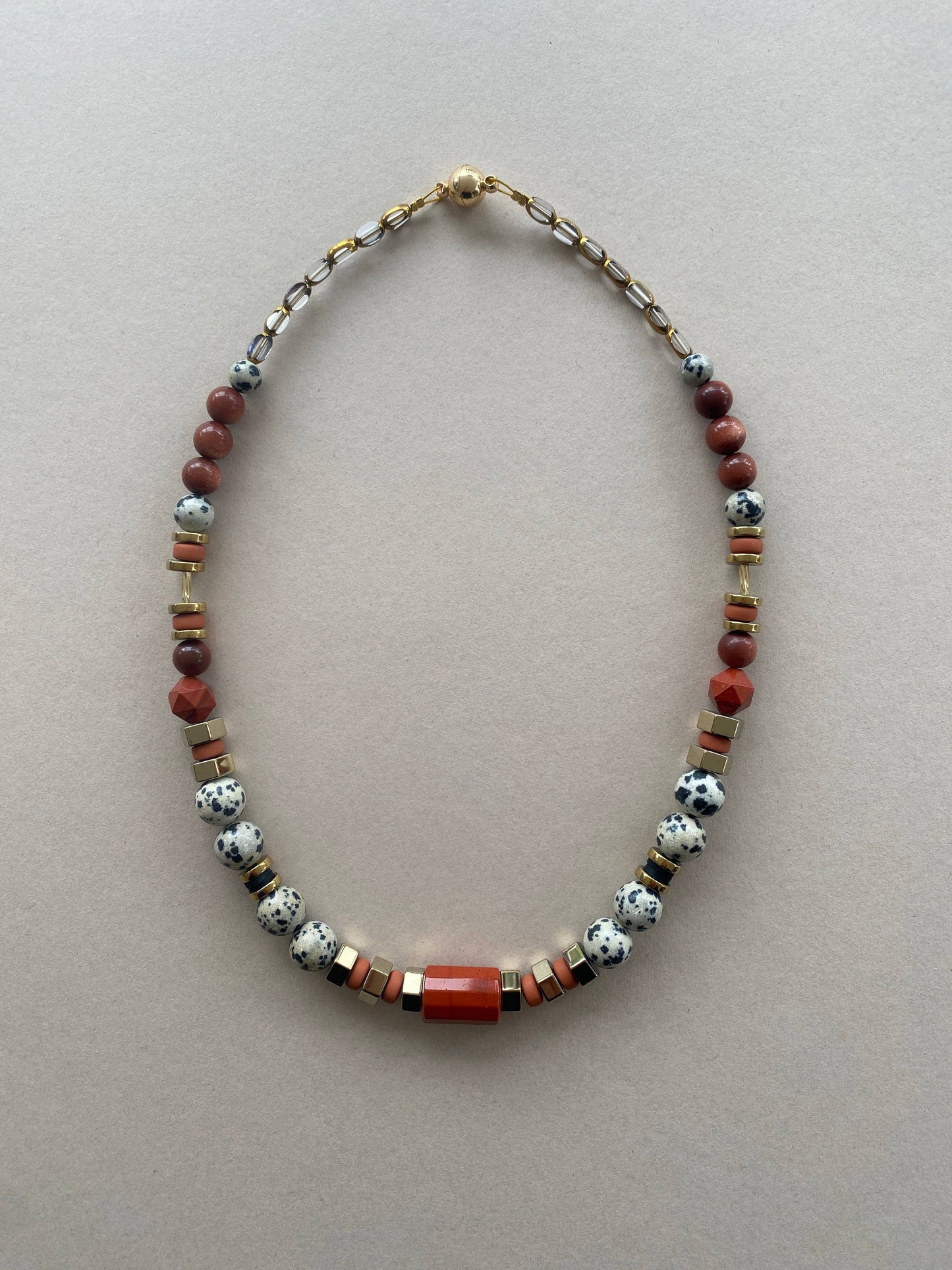 Gist - Dalmatian Jasper & Sandstone barrel necklace BDL02
