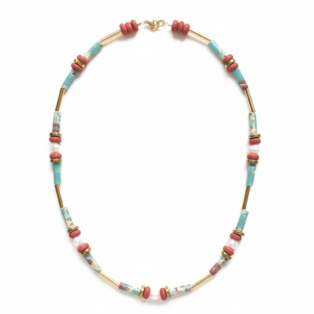 Gist - 18" 24k Gold plated brass details, Synthetic Shoushan Stone, Fresh water Pearls, Clay and Gold Plated Hematite MRL08
